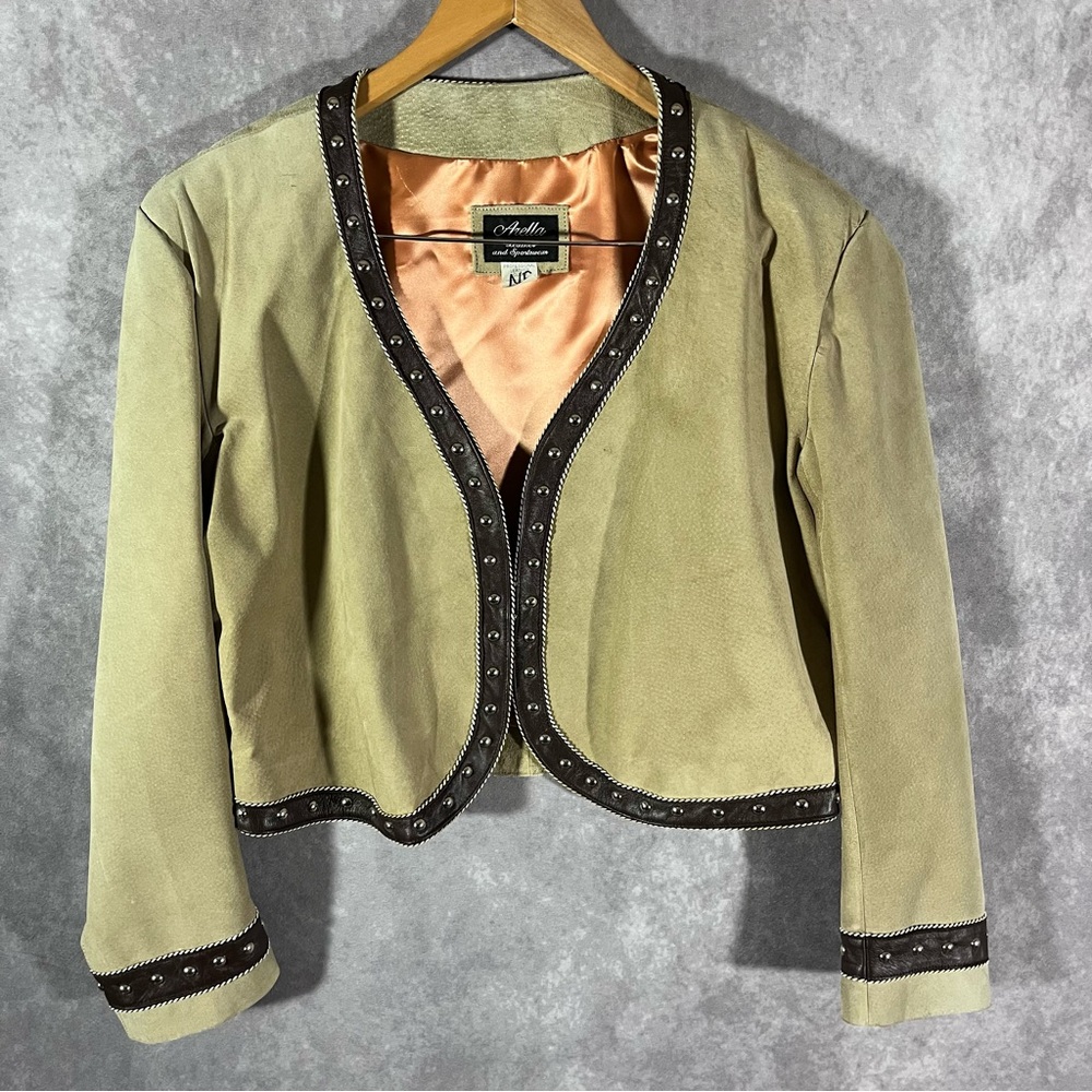 Arella Blazer Womens XL Beige / Brown Vintage Genuine Leather Studded Hook & Eye